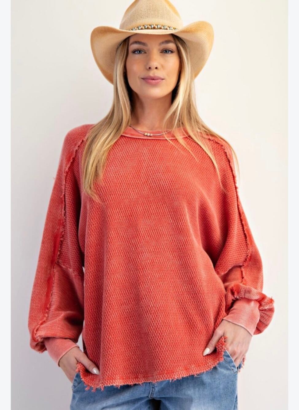 Easel NEW Textured Thermal Top Womens Large Poppy Red Fringe Oversized Boho
